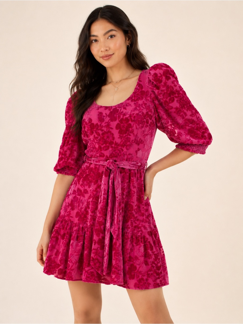 Hale Bob Talora Pink Floral Burnout Puff Sleeve Tie Waist Dress Size S